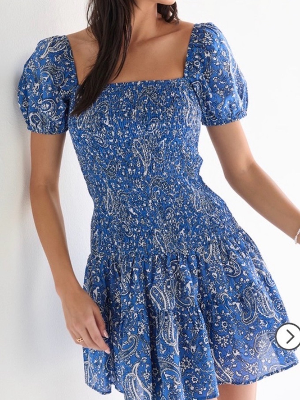 Francesca's Blue Paisley Square-Neck Smocked Puff-Sleeved Mini Dress - Size S